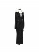 Deep V-Neck Lace-Up Choker Long Sleeve Halter Side Slit Long Black Punk Dress