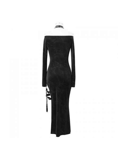 Deep V-Neck Lace-Up Choker Long Sleeve Halter Side Slit Long Black Punk Dress