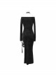 Deep V-Neck Lace-Up Choker Long Sleeve Halter Side Slit Long Black Punk Dress