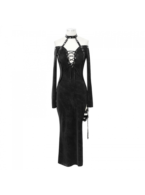 Deep V-Neck Lace-Up Choker Long Sleeve Halter Side Slit Long Black Punk Dress