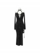 Deep V-Neck Lace-Up Choker Long Sleeve Halter Side Slit Long Black Punk Dress
