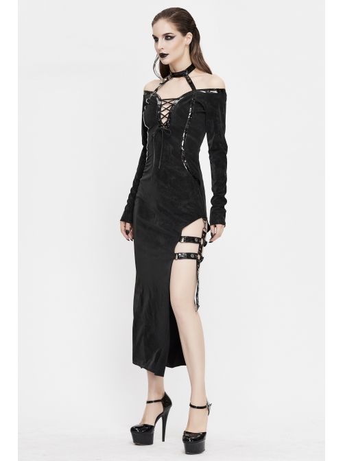 Deep V-Neck Lace-Up Choker Long Sleeve Halter Side Slit Long Black Punk Dress