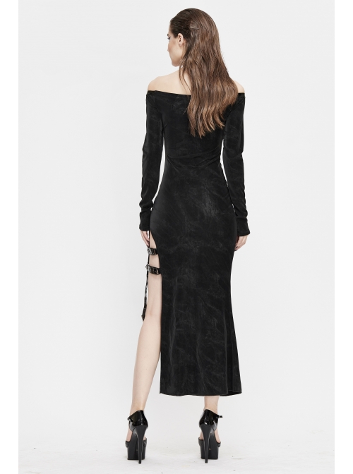 Deep V-Neck Lace-Up Choker Long Sleeve Halter Side Slit Long Black Punk Dress