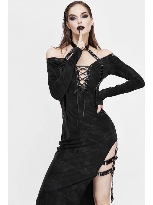 Deep V-Neck Lace-Up Choker Long Sleeve Halter Side Slit Long Black Punk Dress