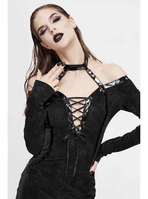 Deep V-Neck Lace-Up Choker Long Sleeve Halter Side Slit Long Black Punk Dress