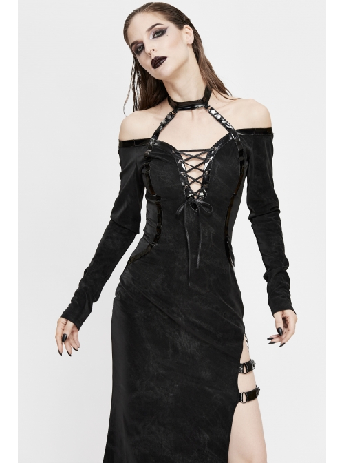 Deep V-Neck Lace-Up Choker Long Sleeve Halter Side Slit Long Black Punk Dress