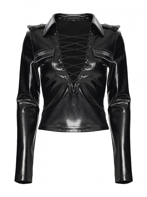 Black Shiny Slightly Elastic Rubberized Knit Cool Military-Style Sexy V-Neck Shoulders Decorative Loops Punk Style Long Sleeves T-Shirt