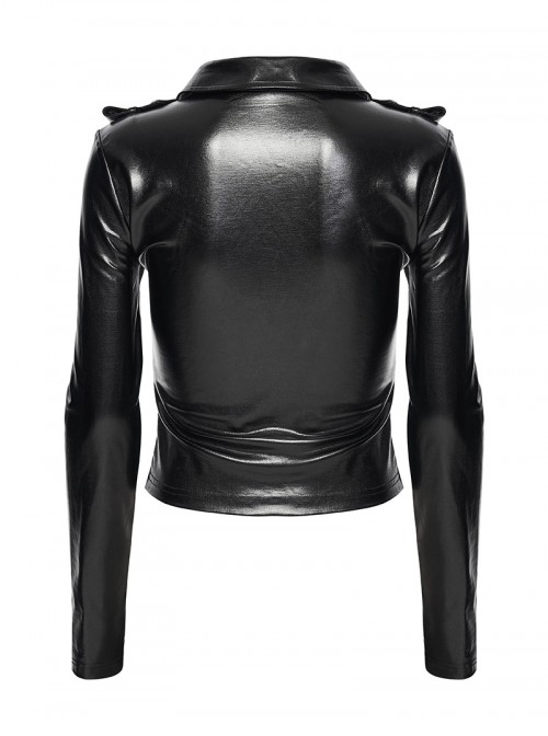 Black Shiny Slightly Elastic Rubberized Knit Cool Military-Style Sexy V-Neck Shoulders Decorative Loops Punk Style Long Sleeves T-Shirt