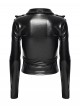 Black Shiny Slightly Elastic Rubberized Knit Cool Military-Style Sexy V-Neck Shoulders Decorative Loops Punk Style Long Sleeves T-Shirt