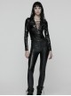 Black Shiny Slightly Elastic Rubberized Knit Cool Military-Style Sexy V-Neck Shoulders Decorative Loops Punk Style Long Sleeves T-Shirt