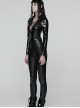 Black Shiny Slightly Elastic Rubberized Knit Cool Military-Style Sexy V-Neck Shoulders Decorative Loops Punk Style Long Sleeves T-Shirt