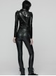 Black Shiny Slightly Elastic Rubberized Knit Cool Military-Style Sexy V-Neck Shoulders Decorative Loops Punk Style Long Sleeves T-Shirt