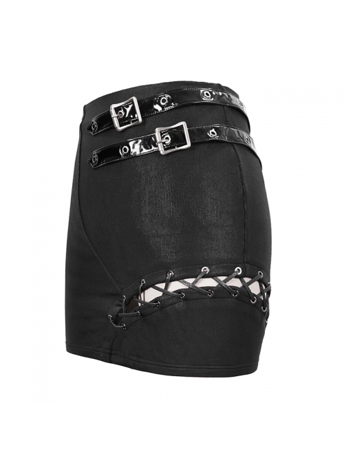 Black Dark Stripes Waist Leather Loop Side Divide Lace-Up Punk Tight-Fitting Hip Skirt