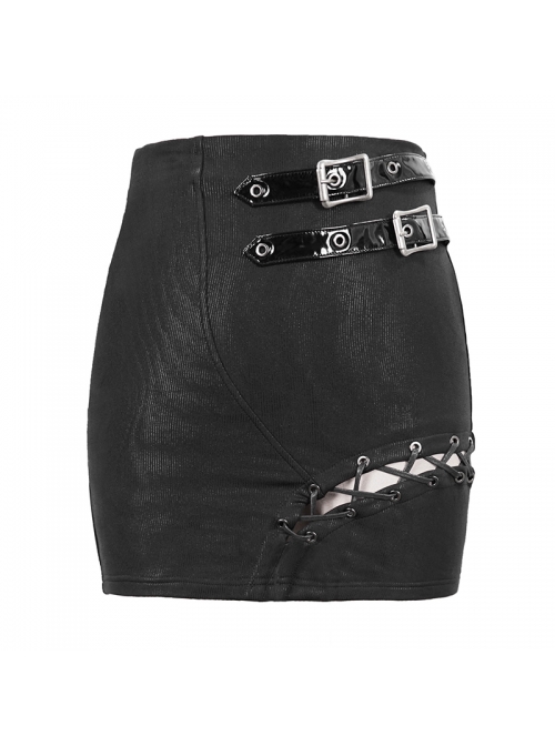 Black Dark Stripes Waist Leather Loop Side Divide Lace-Up Punk Tight-Fitting Hip Skirt