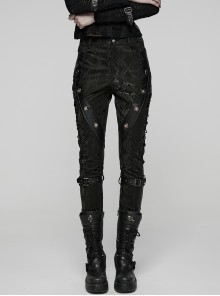 Black Stretch Snake Print Patchwork Large Eyelet Sides Drawstrings Punk Style Trousers