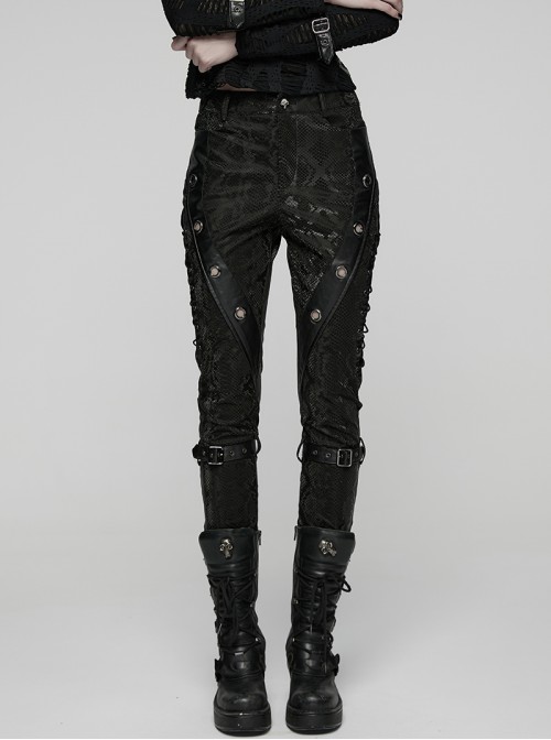 Black Stretch Snake Print Patchwork Large Eyelet Sides Drawstrings Punk Style Trousers