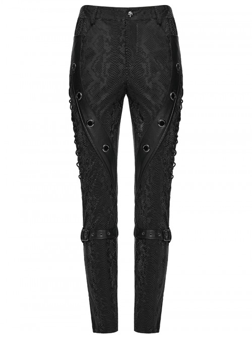 Black Stretch Snake Print Patchwork Large Eyelet Sides Drawstrings Punk Style Trousers