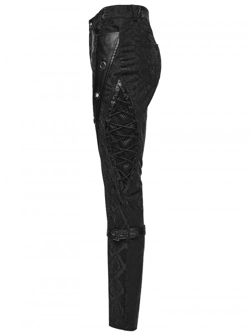 Black Stretch Snake Print Patchwork Large Eyelet Sides Drawstrings Punk Style Trousers