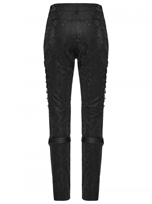 Black Stretch Snake Print Patchwork Large Eyelet Sides Drawstrings Punk Style Trousers