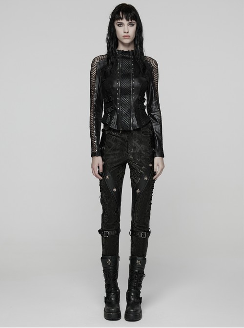 Black Stretch Snake Print Patchwork Large Eyelet Sides Drawstrings Punk Style Trousers