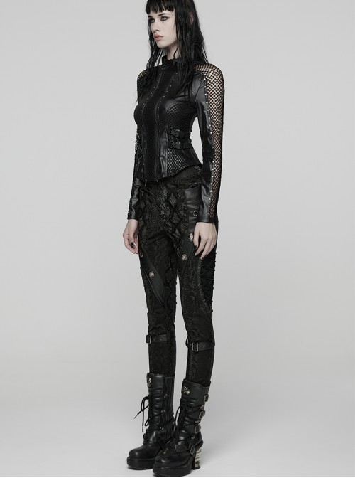 Black Stretch Snake Print Patchwork Large Eyelet Sides Drawstrings Punk Style Trousers