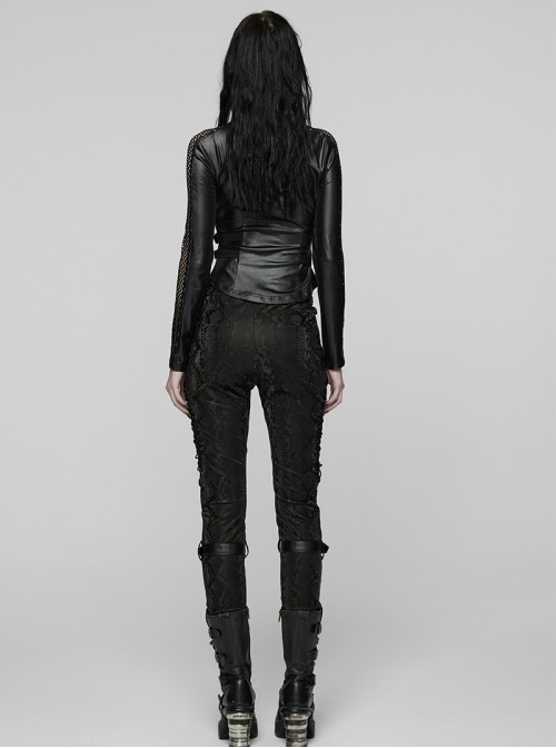 Black Stretch Snake Print Patchwork Large Eyelet Sides Drawstrings Punk Style Trousers