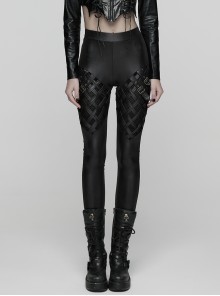 Black Stretch Glossy Knitted Mesh Woven-Cross Design Punk Style Leggings
