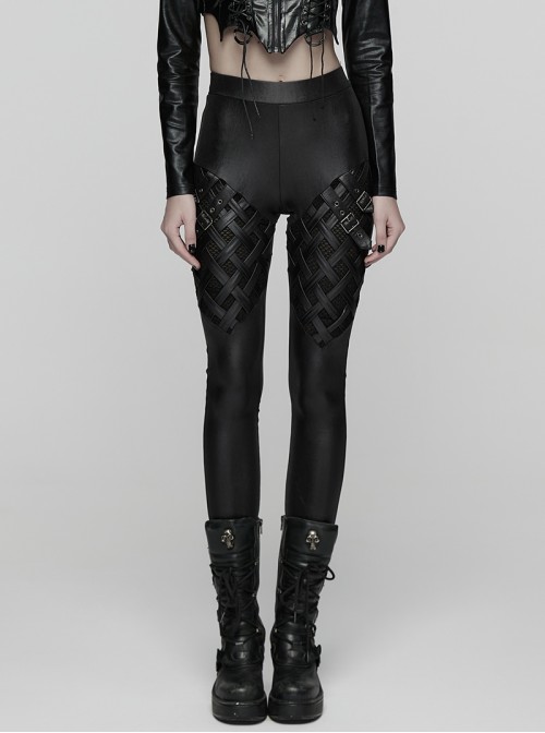 Black Stretch Glossy Knitted Mesh Woven-Cross Design Punk Style Leggings