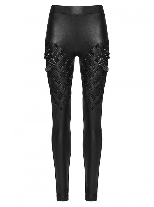 Black Stretch Glossy Knitted Mesh Woven-Cross Design Punk Style Leggings