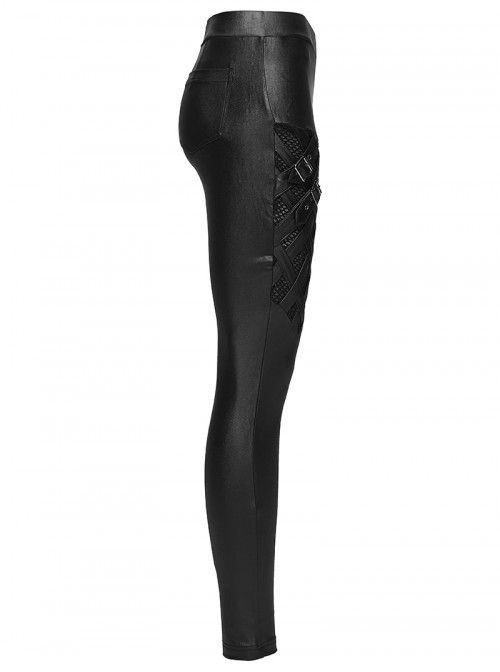 Black Stretch Glossy Knitted Mesh Woven-Cross Design Punk Style Leggings