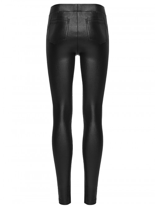Black Stretch Glossy Knitted Mesh Woven-Cross Design Punk Style Leggings