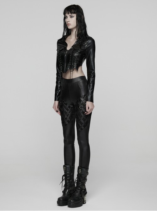 Black Stretch Glossy Knitted Mesh Woven-Cross Design Punk Style Leggings