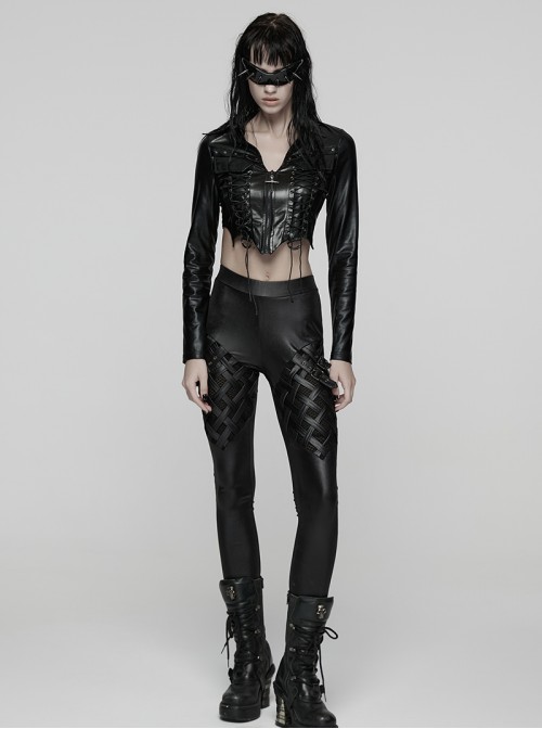 Black Stretch Glossy Knitted Mesh Woven-Cross Design Punk Style Leggings