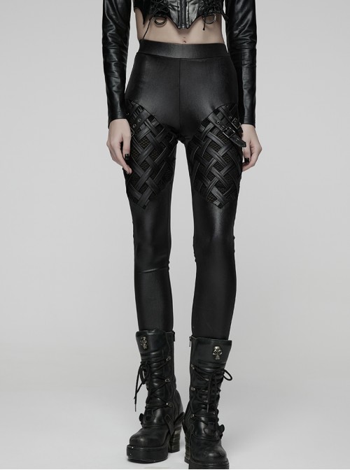 Black Stretch Glossy Knitted Mesh Woven-Cross Design Punk Style Leggings