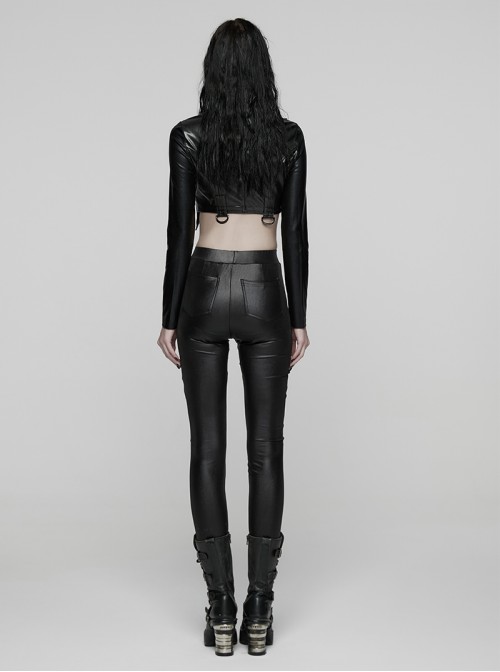 Black Stretch Glossy Knitted Mesh Woven-Cross Design Punk Style Leggings
