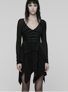 Black Stretch Velvet Splicing Mesh Large V-Neck Upper Body Rivet Webbings Irregular Hem Punk Style Long Sleeves Dress