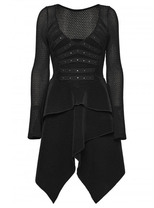 Black Stretch Velvet Splicing Mesh Large V-Neck Upper Body Rivet Webbings Irregular Hem Punk Style Long Sleeves Dress