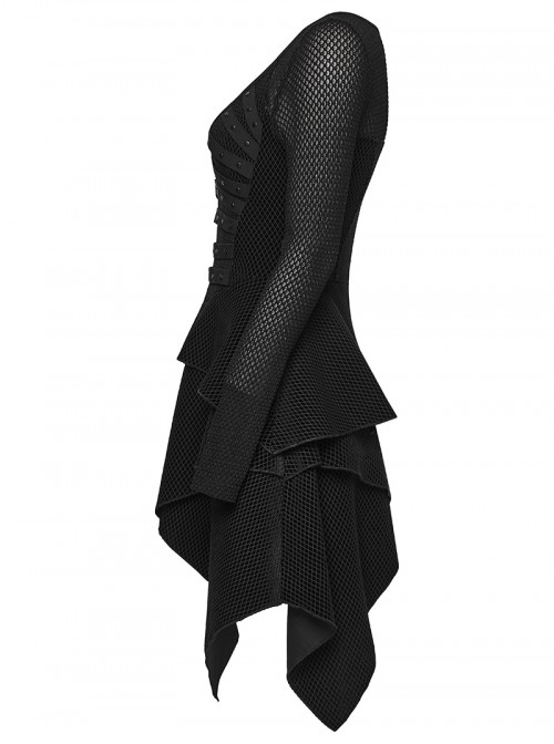 Black Stretch Velvet Splicing Mesh Large V-Neck Upper Body Rivet Webbings Irregular Hem Punk Style Long Sleeves Dress