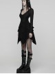Black Stretch Velvet Splicing Mesh Large V-Neck Upper Body Rivet Webbings Irregular Hem Punk Style Long Sleeves Dress