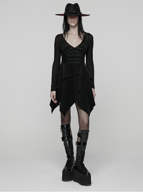 Black Stretch Velvet Splicing Mesh Large V-Neck Upper Body Rivet Webbings Irregular Hem Punk Style Long Sleeves Dress