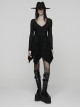 Black Stretch Velvet Splicing Mesh Large V-Neck Upper Body Rivet Webbings Irregular Hem Punk Style Long Sleeves Dress