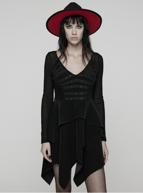 Black Stretch Velvet Splicing Mesh Large V-Neck Upper Body Rivet Webbings Irregular Hem Punk Style Long Sleeves Dress