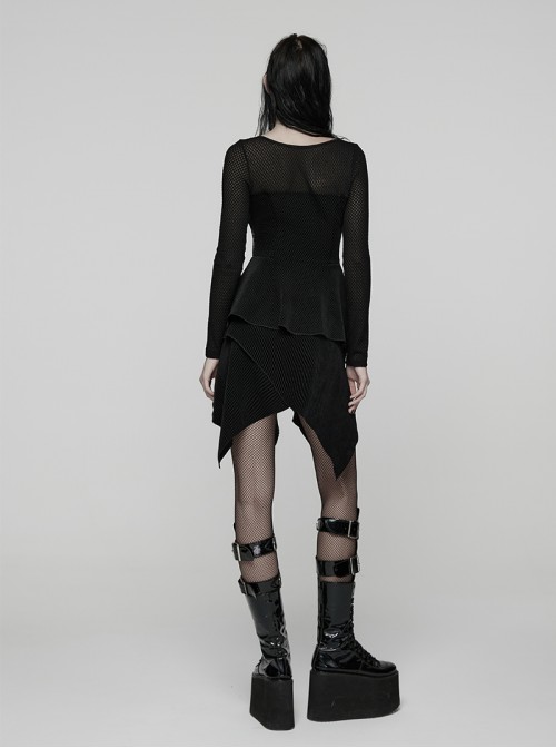 Black Stretch Velvet Splicing Mesh Large V-Neck Upper Body Rivet Webbings Irregular Hem Punk Style Long Sleeves Dress