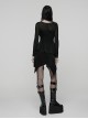 Black Stretch Velvet Splicing Mesh Large V-Neck Upper Body Rivet Webbings Irregular Hem Punk Style Long Sleeves Dress