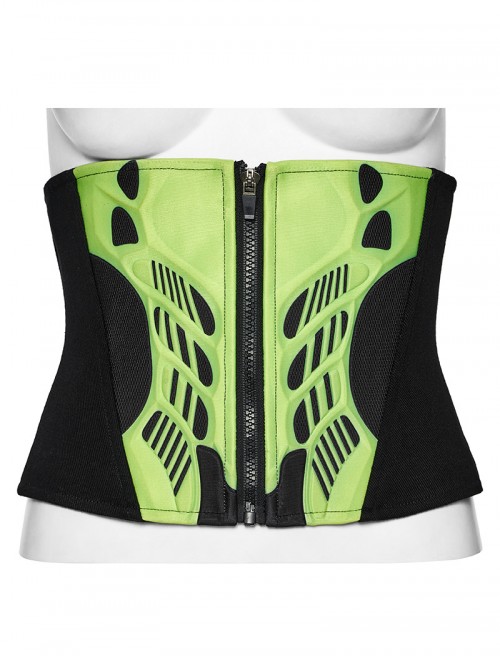 Black Green Non-Stretch Twill Slim Fit Armor Splicing Design CyberPunk Style Corset