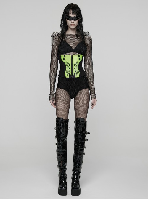 Black Green Non-Stretch Twill Slim Fit Armor Splicing Design CyberPunk Style Corset
