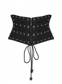 Black Woven Splicing Mesh Personalized Waist-Cinching Design Metal Rivets Punk Style Corset