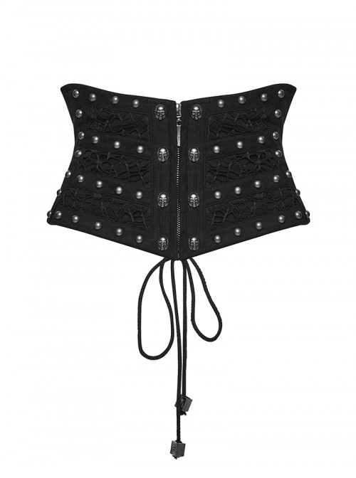 Black Woven Splicing Mesh Personalized Waist-Cinching Design Metal Rivets Punk Style Corset