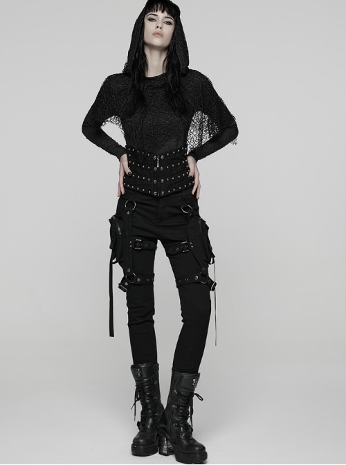 Black Woven Splicing Mesh Personalized Waist-Cinching Design Metal Rivets Punk Style Corset