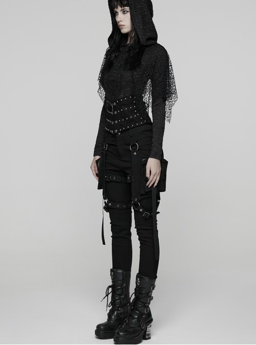 Black Woven Splicing Mesh Personalized Waist-Cinching Design Metal Rivets Punk Style Corset